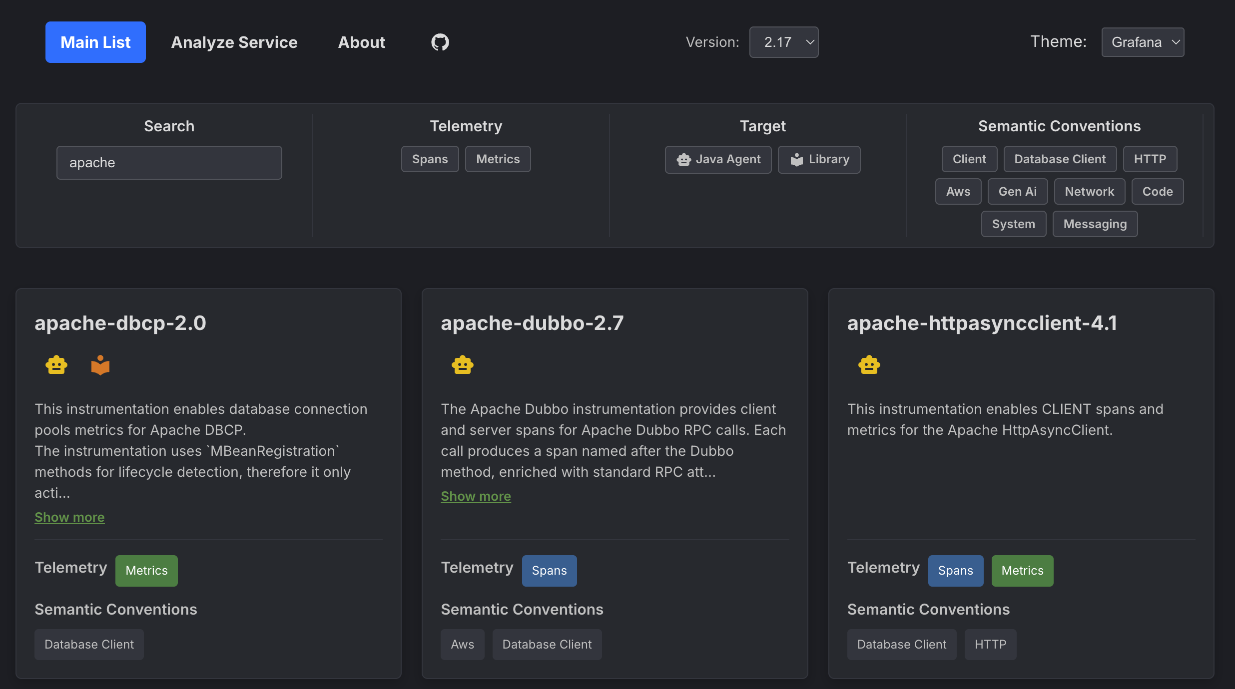 A screenshot of the instrumentation explorer UI