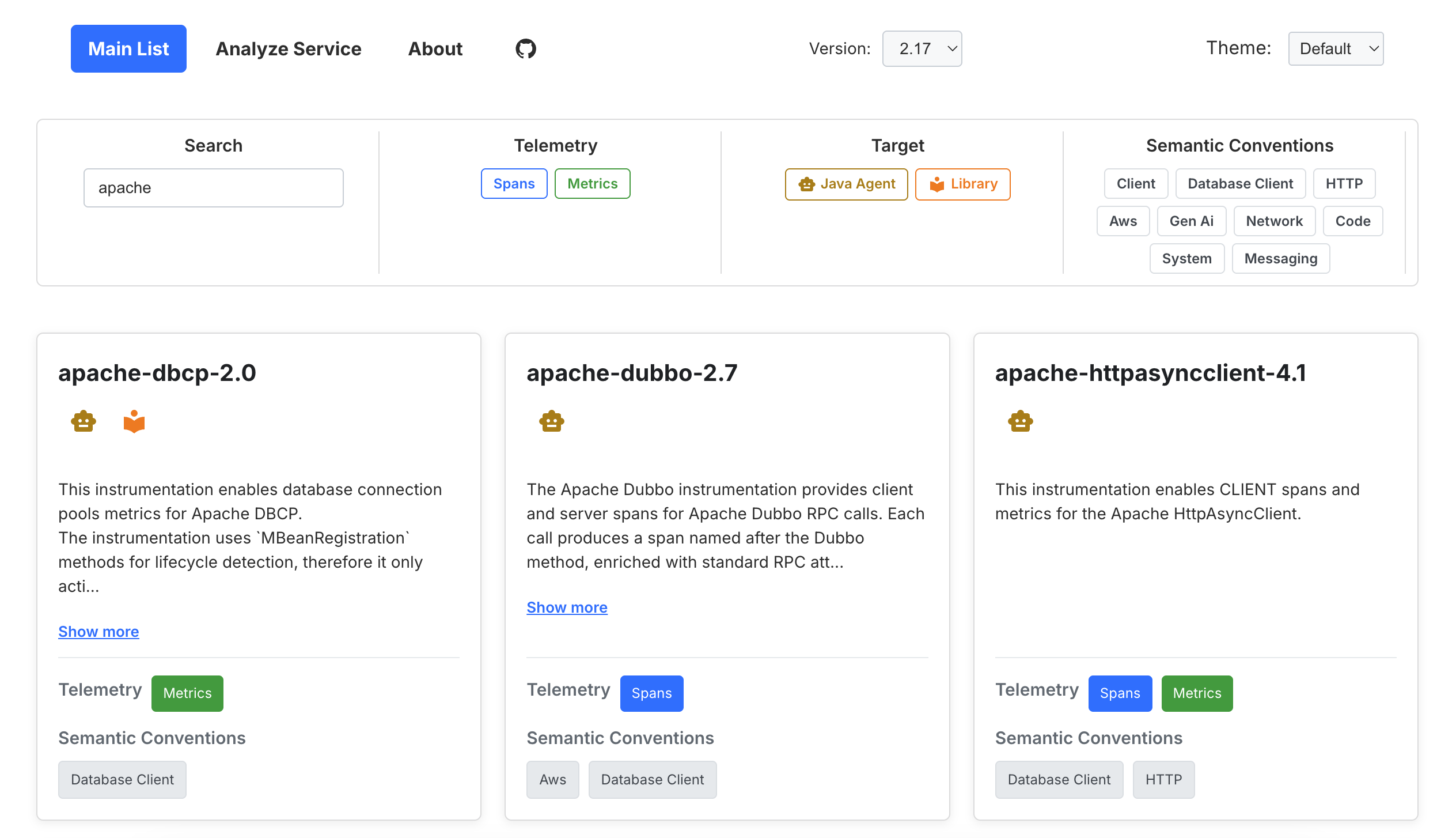 A screenshot of the instrumentation explorer UI